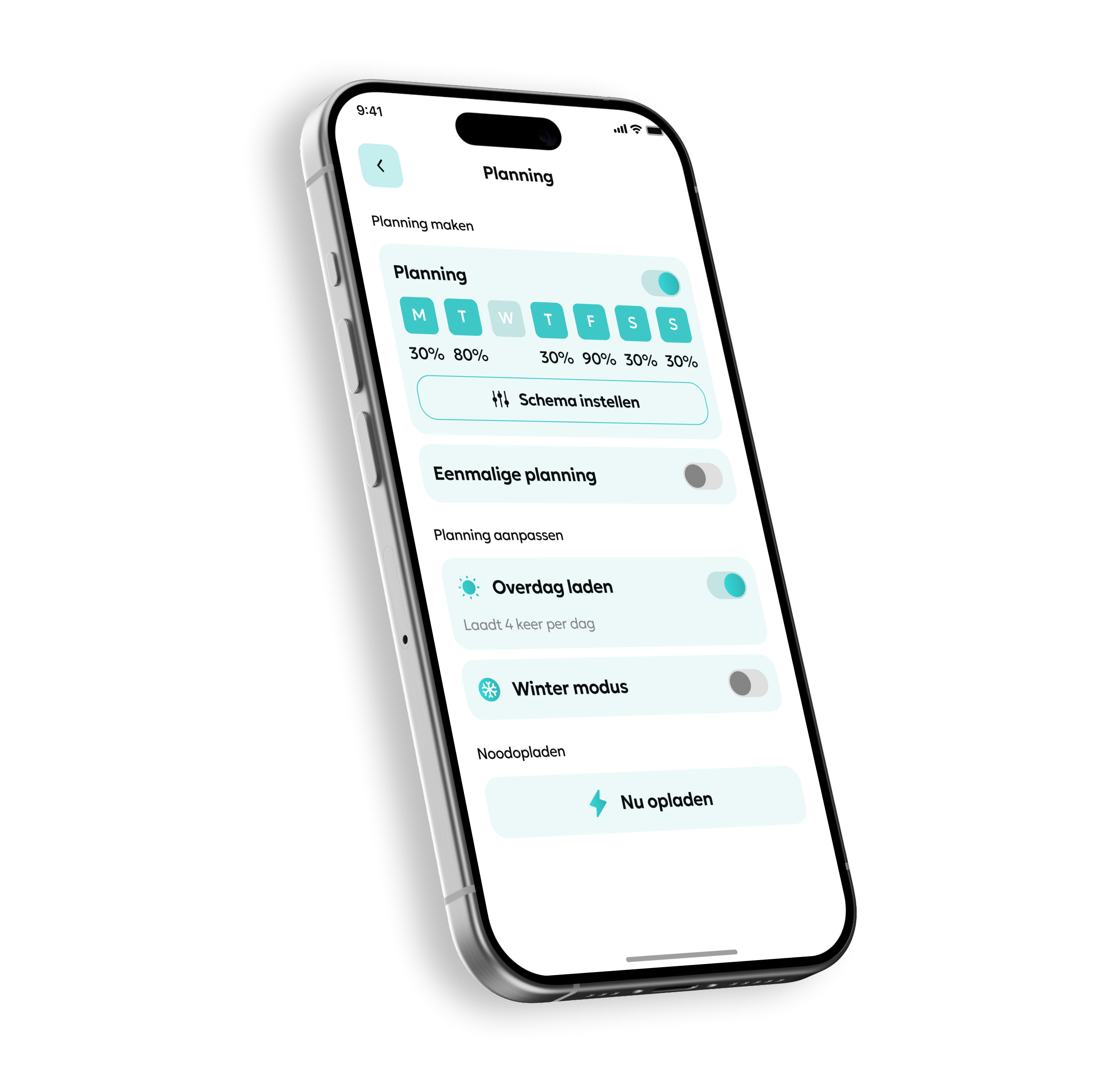 Laadplanning scherm in de E-Pal app met instelbare laadtijden, laadlimiet en wintermodus voor e-bike accu