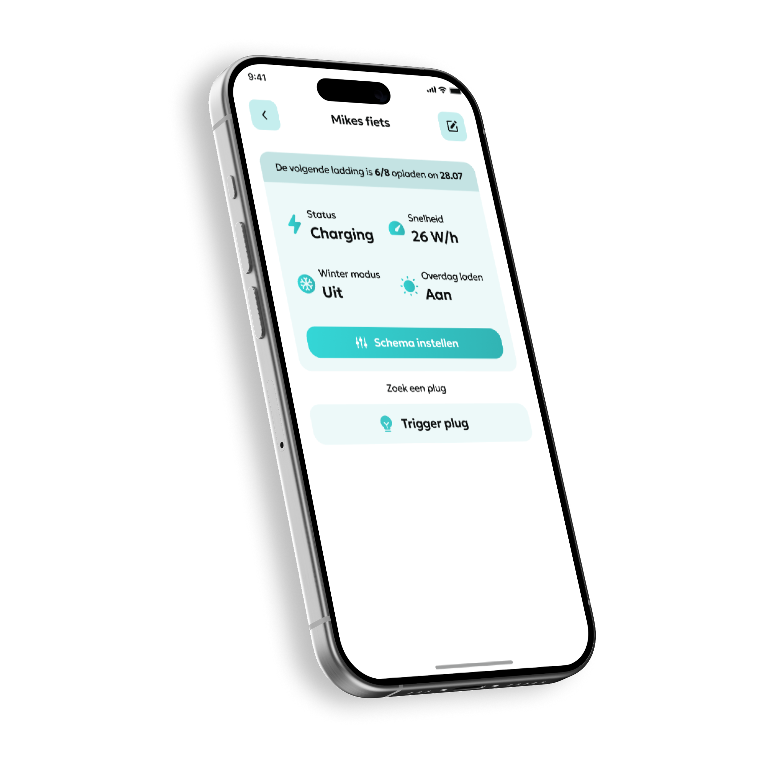 Instellingen van één E-Pal smartplug: laad status, laad snelheid, laad cycli